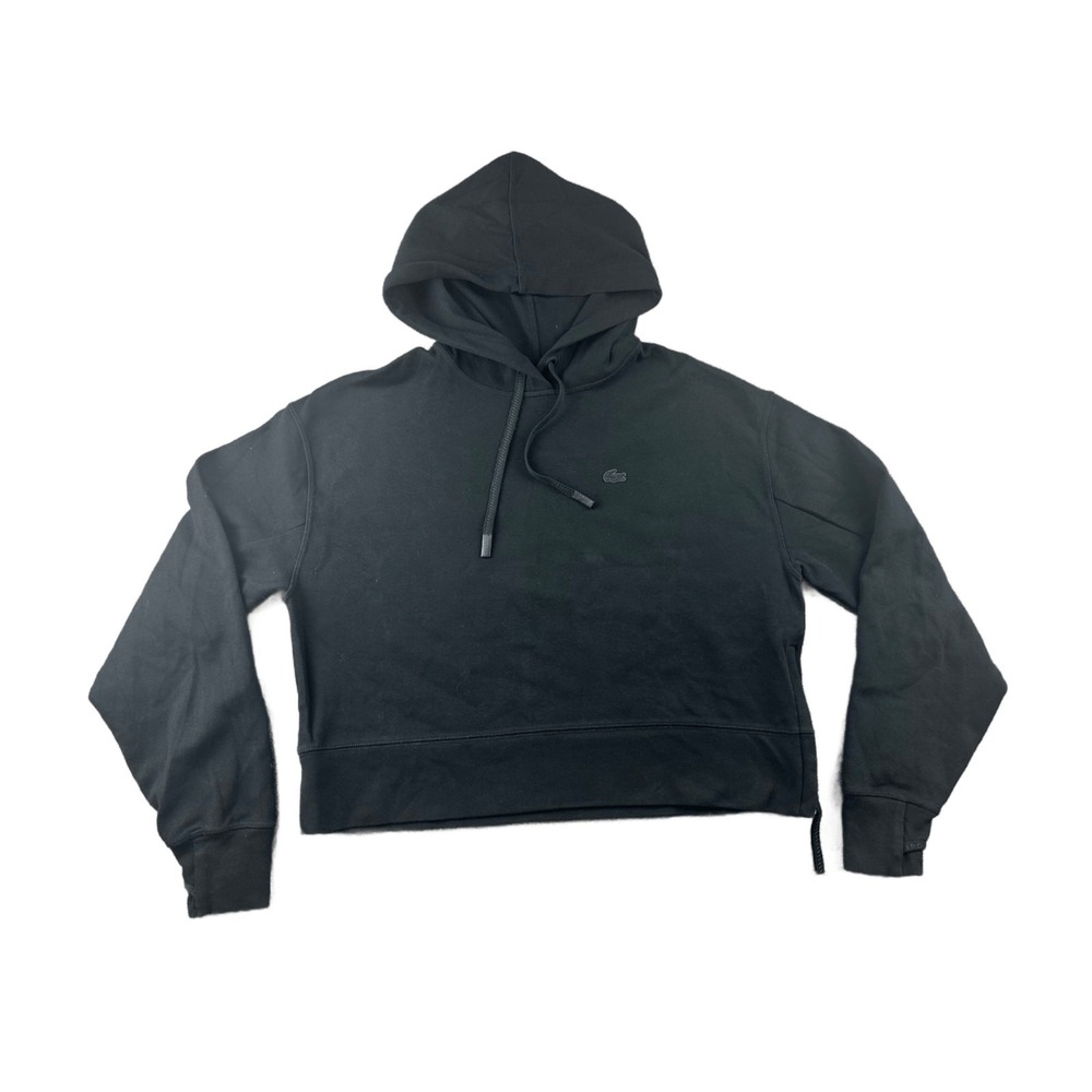 Lacoste Hoodie Women 38 Black Cotton Loose Fit Zipper Athletic Streetwear Sporty